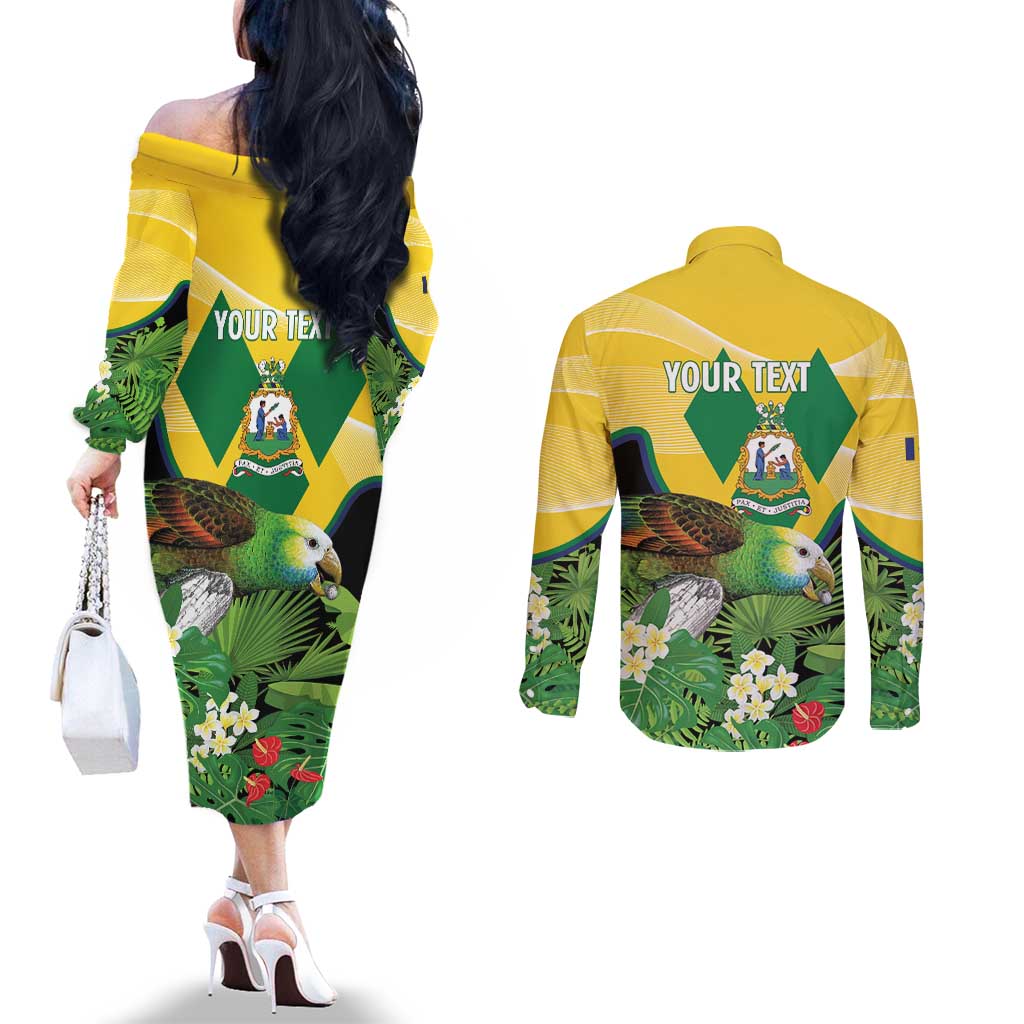Personalized Saint Vincent and the Grenadines Couples Matching Off The Shoulder Long Sleeve Dress and Long Sleeve Button Shirt Amazona Guildingii 46 Years Of Independence - Wonder Print Shop