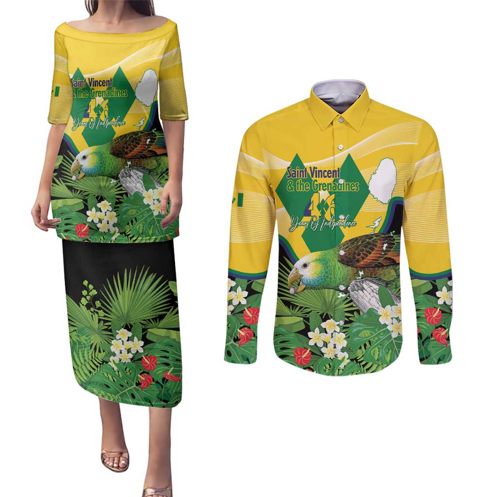 Personalized Saint Vincent and the Grenadines Couples Matching Puletasi and Long Sleeve Button Shirt Amazona Guildingii 46 Years Of Independence - Wonder Print Shop