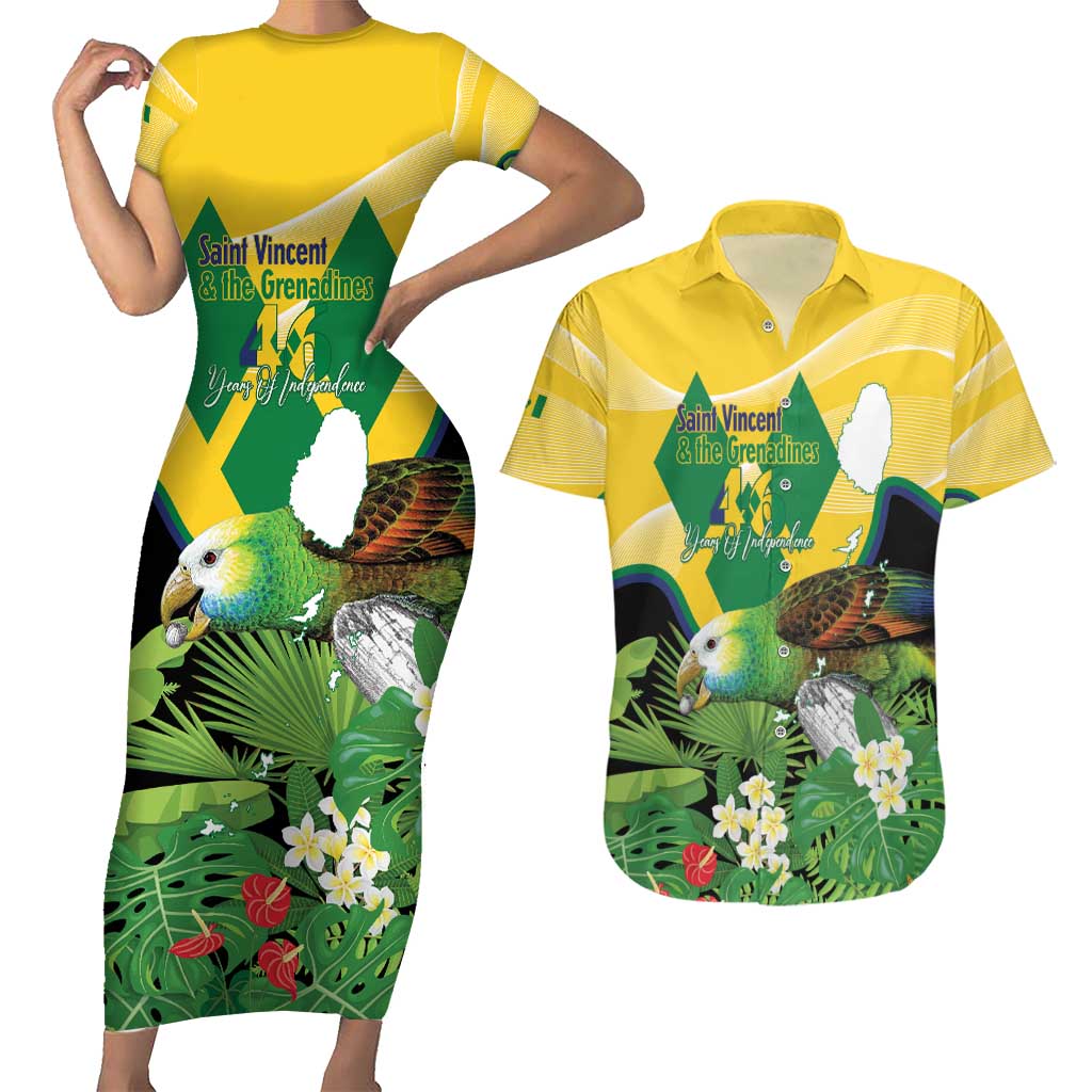 Personalized Saint Vincent and the Grenadines Couples Matching Short Sleeve Bodycon Dress and Hawaiian Shirt Amazona Guildingii 46 Years Of Independence - Wonder Print Shop