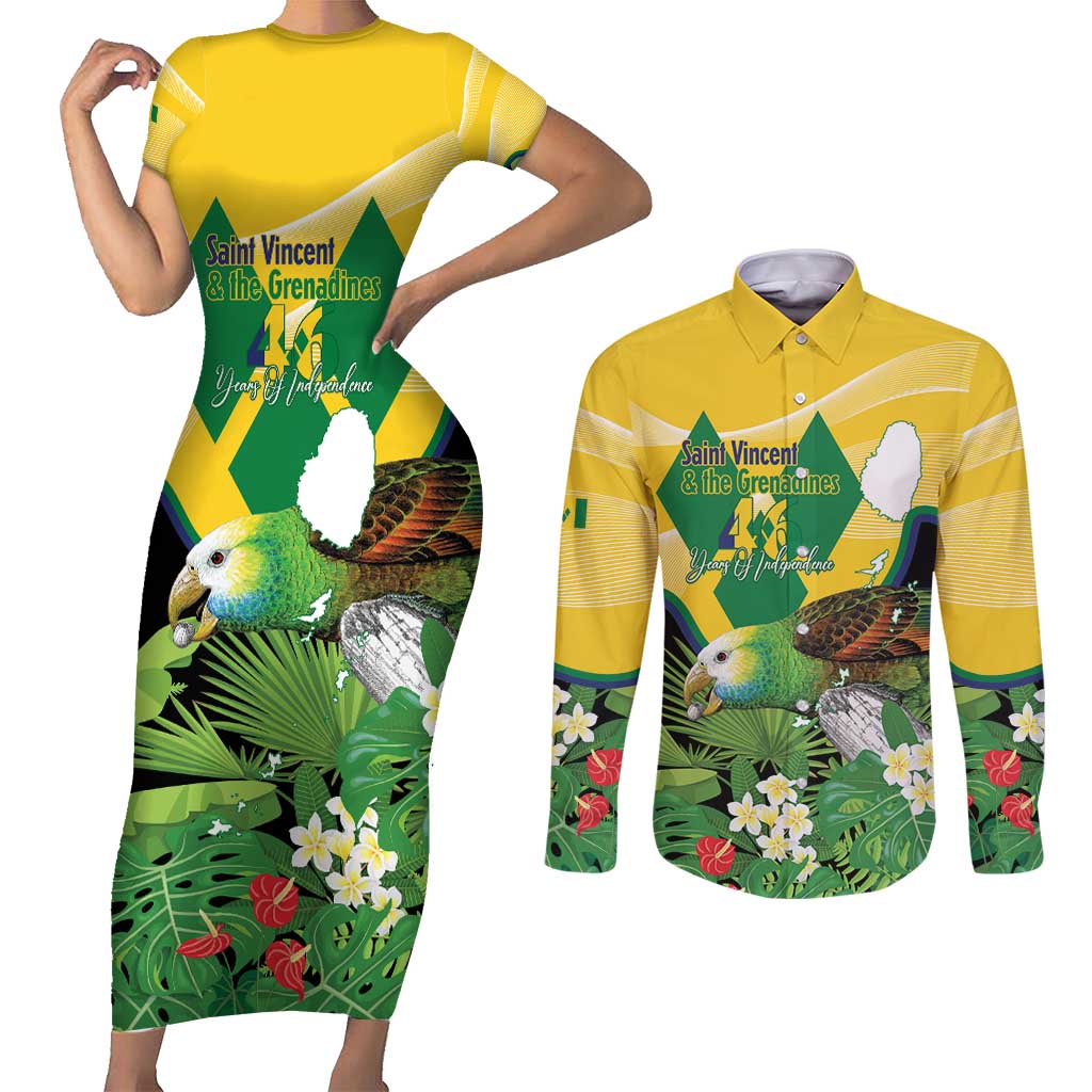 Personalized Saint Vincent and the Grenadines Couples Matching Short Sleeve Bodycon Dress and Long Sleeve Button Shirt Amazona Guildingii 46 Years Of Independence - Wonder Print Shop