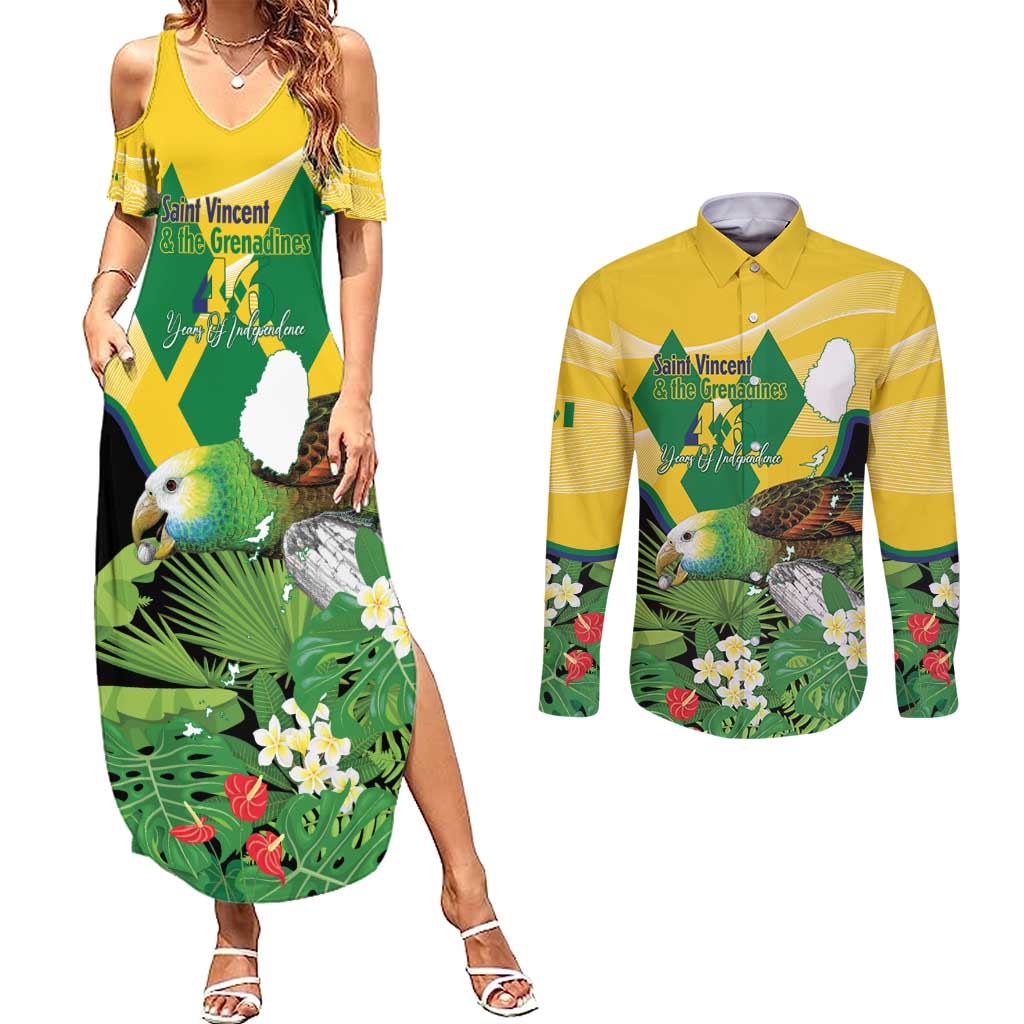 Personalized Saint Vincent and the Grenadines Couples Matching Summer Maxi Dress and Long Sleeve Button Shirt Amazona Guildingii 46 Years Of Independence - Wonder Print Shop