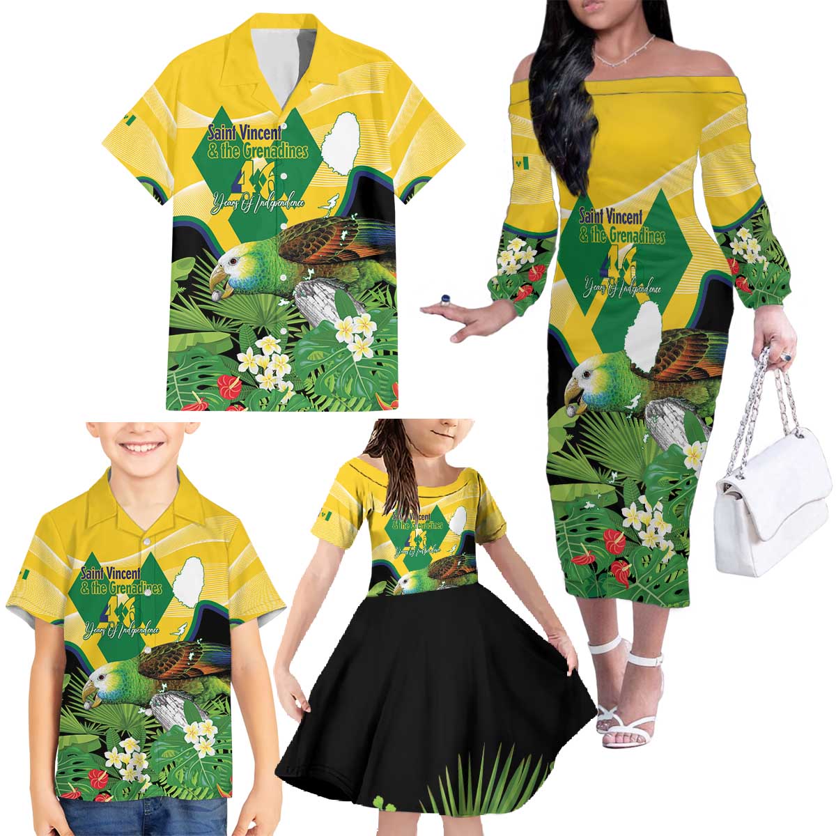 Personalized Saint Vincent and the Grenadines Family Matching Off The Shoulder Long Sleeve Dress and Hawaiian Shirt Amazona Guildingii 46 Years Of Independence - Wonder Print Shop