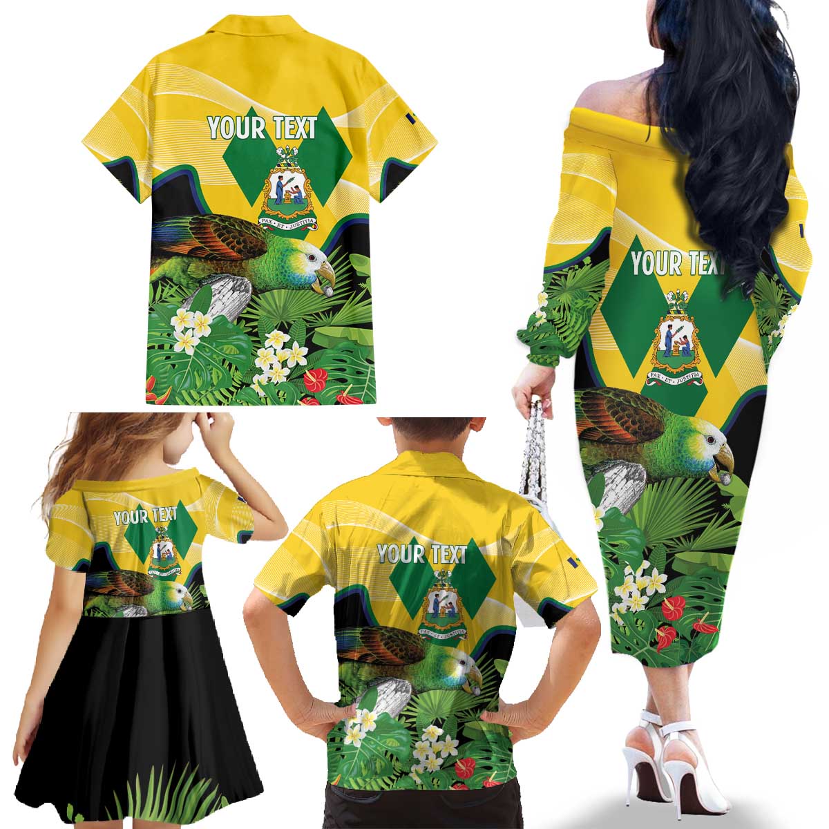 Personalized Saint Vincent and the Grenadines Family Matching Off The Shoulder Long Sleeve Dress and Hawaiian Shirt Amazona Guildingii 46 Years Of Independence - Wonder Print Shop
