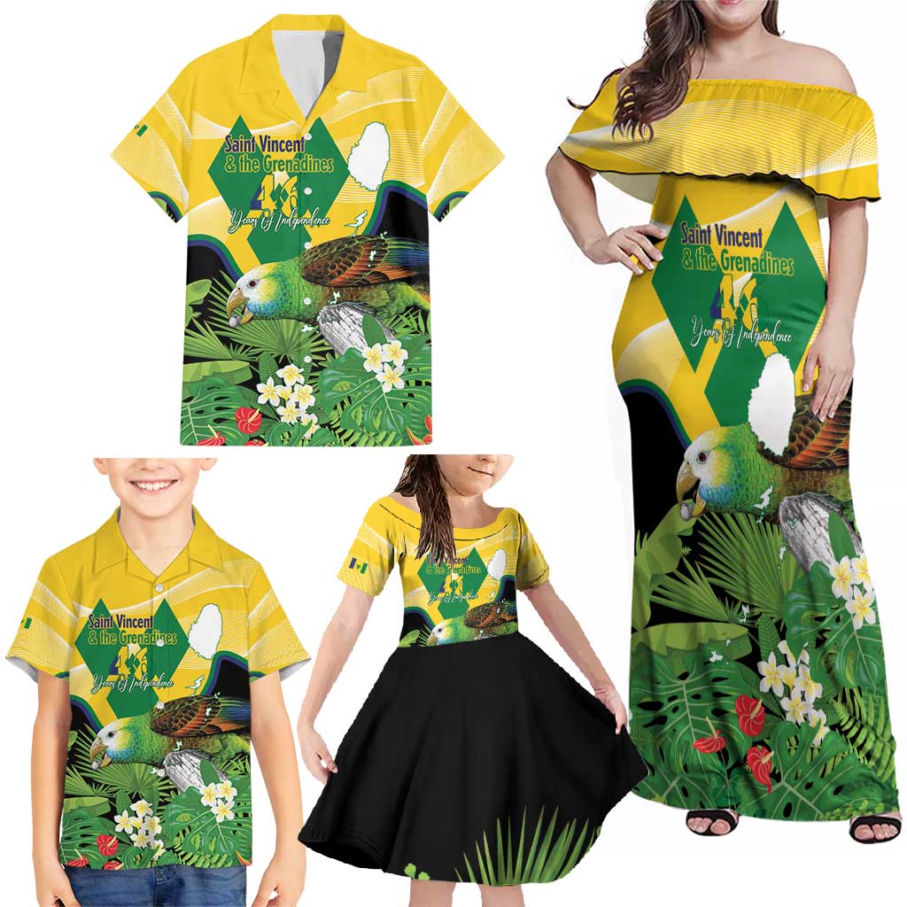 Personalized Saint Vincent and the Grenadines Family Matching Off Shoulder Maxi Dress and Hawaiian Shirt Amazona Guildingii 46 Years Of Independence - Wonder Print Shop