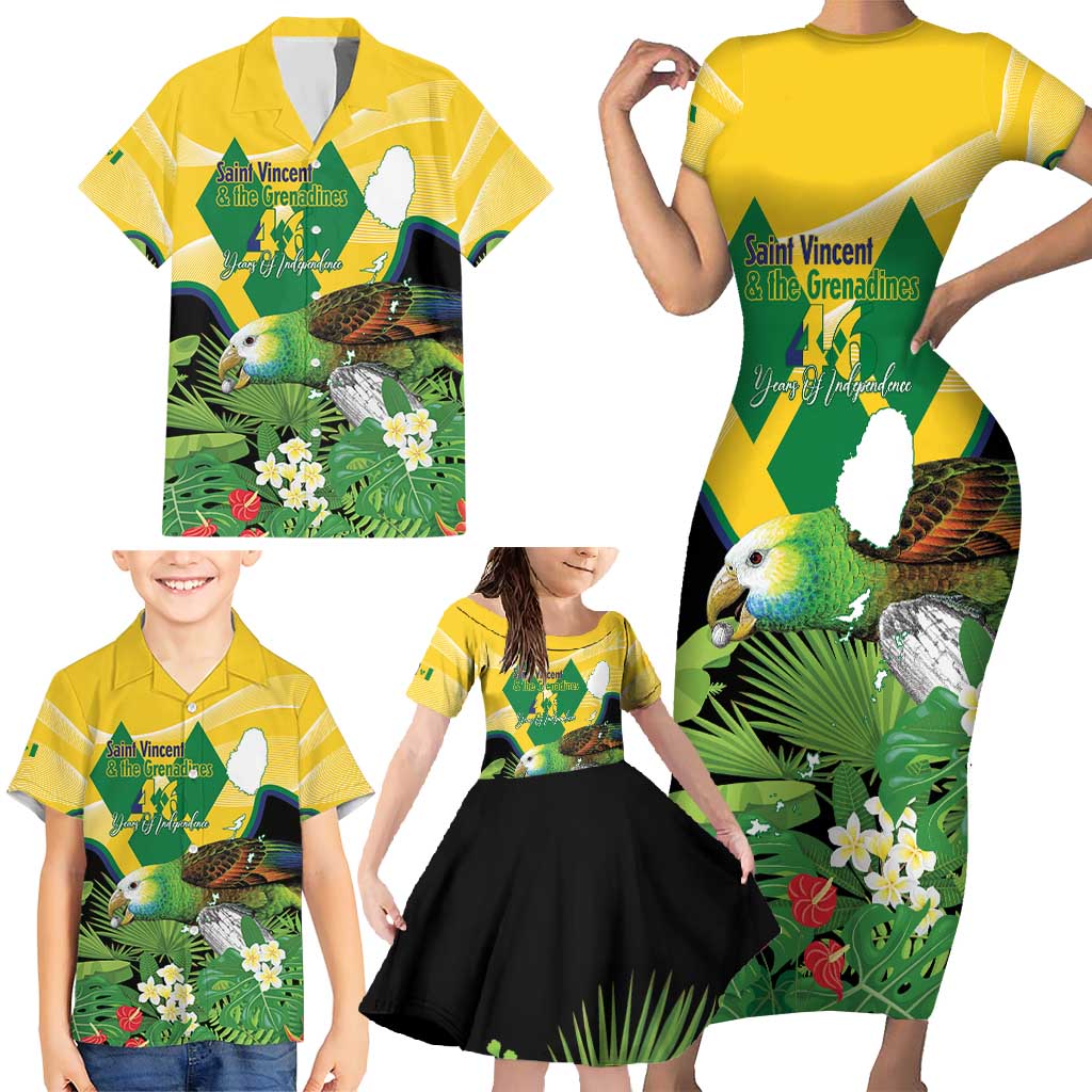 Personalized Saint Vincent and the Grenadines Family Matching Short Sleeve Bodycon Dress and Hawaiian Shirt Amazona Guildingii 46 Years Of Independence - Wonder Print Shop