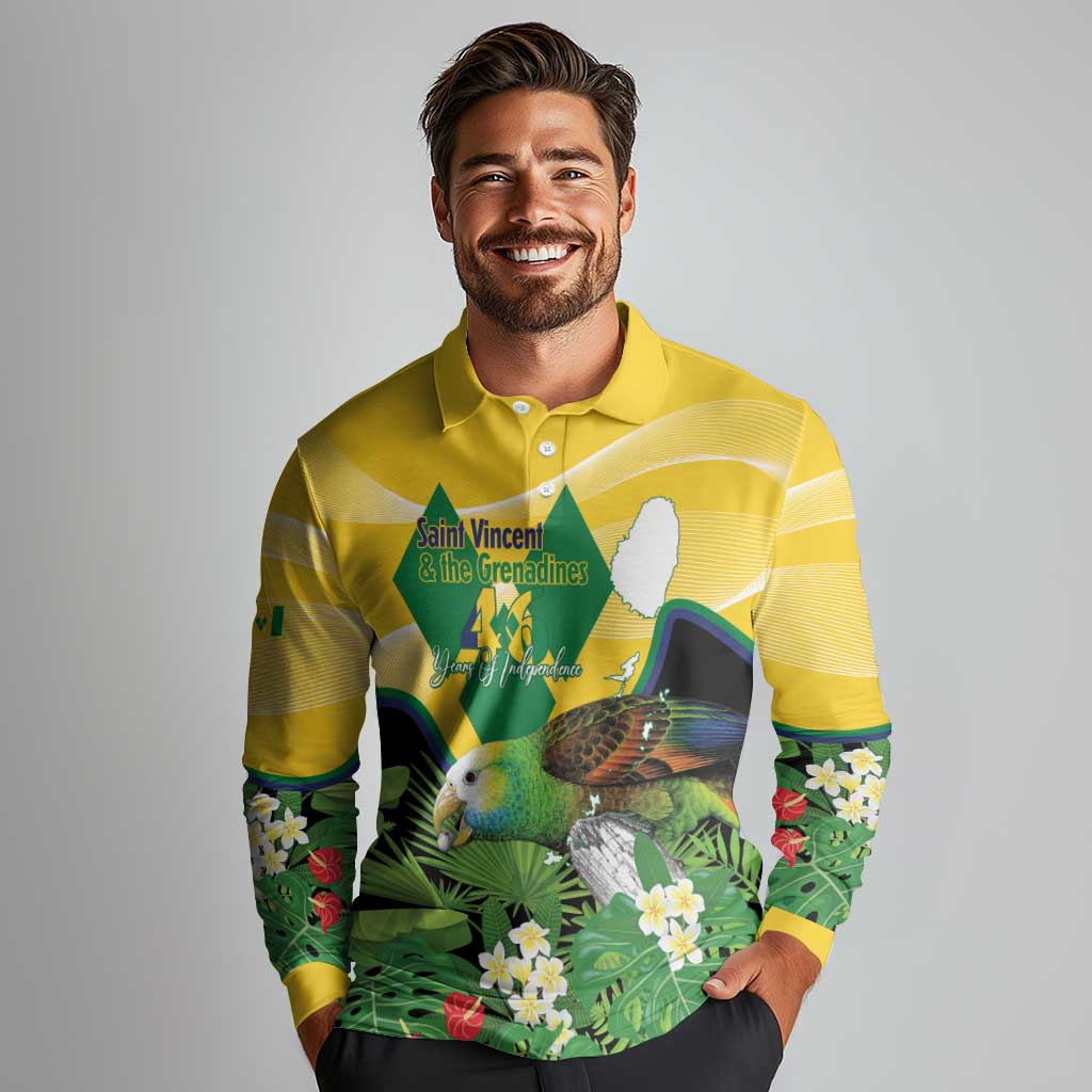 Personalized Saint Vincent and the Grenadines Long Sleeve Polo Shirt Amazona Guildingii 46 Years Of Independence - Wonder Print Shop
