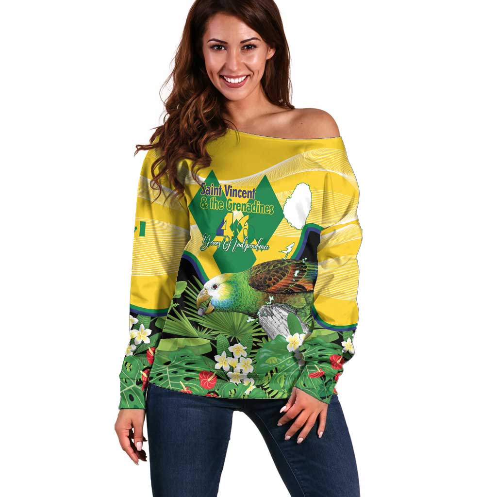 Personalized Saint Vincent and the Grenadines Off Shoulder Sweater Amazona Guildingii 46 Years Of Independence - Wonder Print Shop