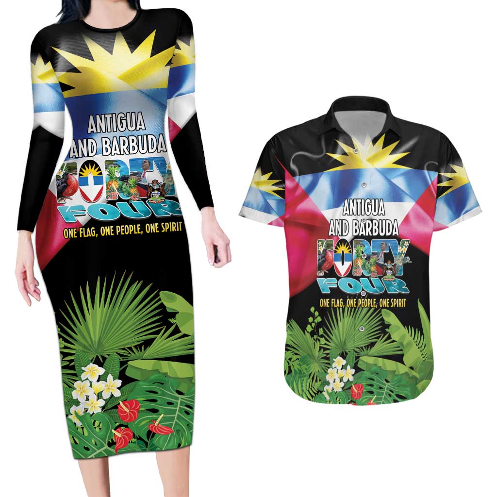 Antigua and Barbuda Independence Day Couples Matching Long Sleeve Bodycon Dress and Hawaiian Shirt 44th Anniversary One Flag One People One Spirit - Wonder Print Shop