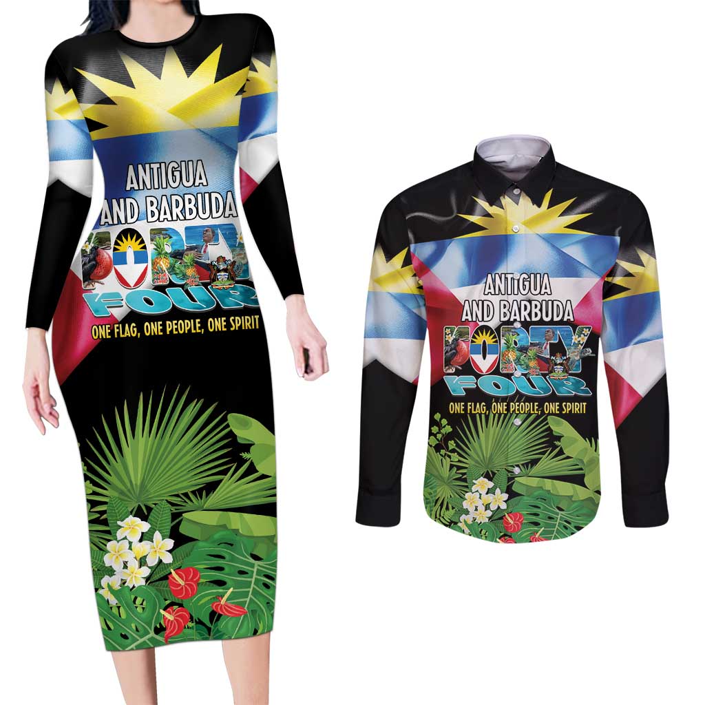 Antigua and Barbuda Independence Day Couples Matching Long Sleeve Bodycon Dress and Long Sleeve Button Shirt 44th Anniversary One Flag One People One Spirit - Wonder Print Shop
