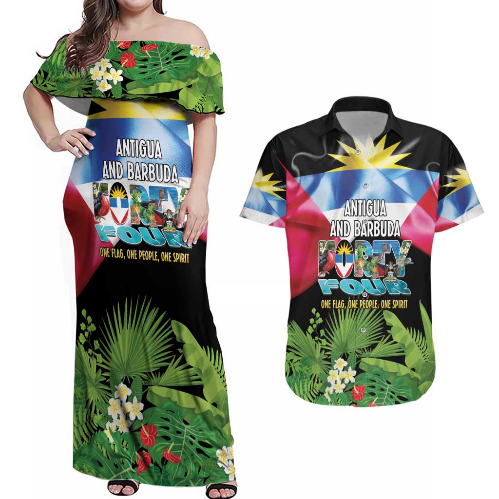 Antigua and Barbuda Independence Day Couples Matching Off Shoulder Maxi Dress and Hawaiian Shirt 44th Anniversary One Flag One People One Spirit - Wonder Print Shop