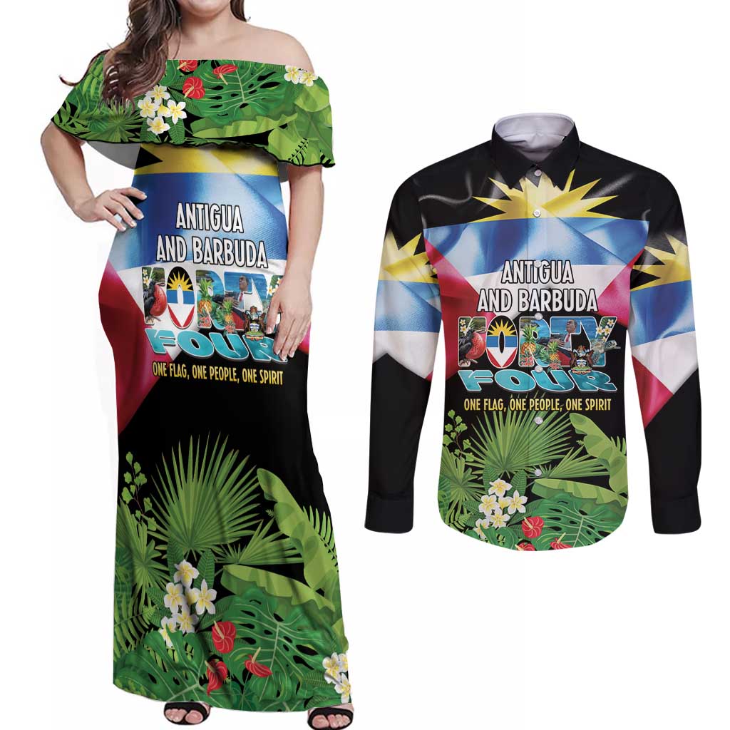 Antigua and Barbuda Independence Day Couples Matching Off Shoulder Maxi Dress and Long Sleeve Button Shirt 44th Anniversary One Flag One People One Spirit - Wonder Print Shop