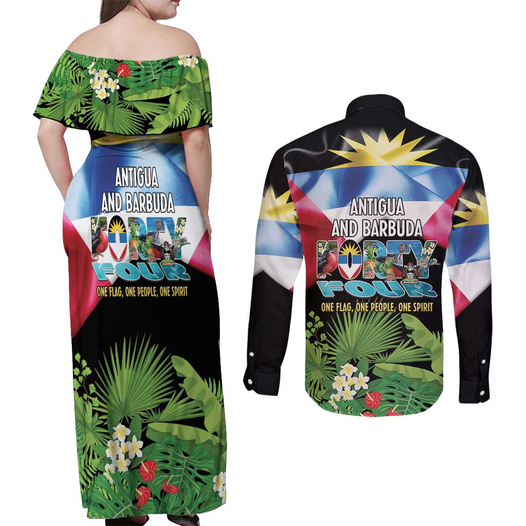 Antigua and Barbuda Independence Day Couples Matching Off Shoulder Maxi Dress and Long Sleeve Button Shirt 44th Anniversary One Flag One People One Spirit - Wonder Print Shop
