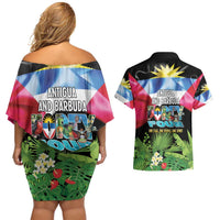 Antigua and Barbuda Independence Day Couples Matching Off Shoulder Short Dress and Hawaiian Shirt 44th Anniversary One Flag One People One Spirit - Wonder Print Shop