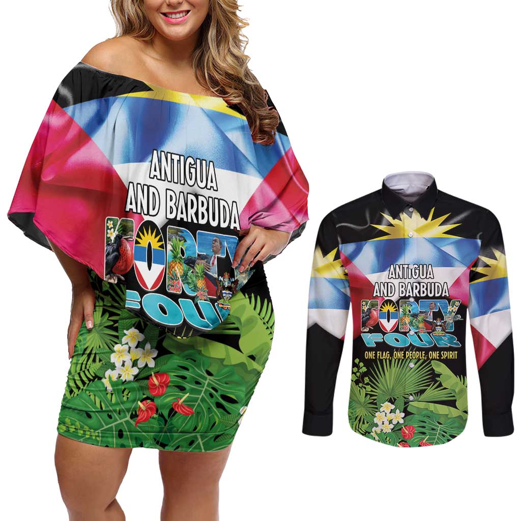 Antigua and Barbuda Independence Day Couples Matching Off Shoulder Short Dress and Long Sleeve Button Shirt 44th Anniversary One Flag One People One Spirit - Wonder Print Shop