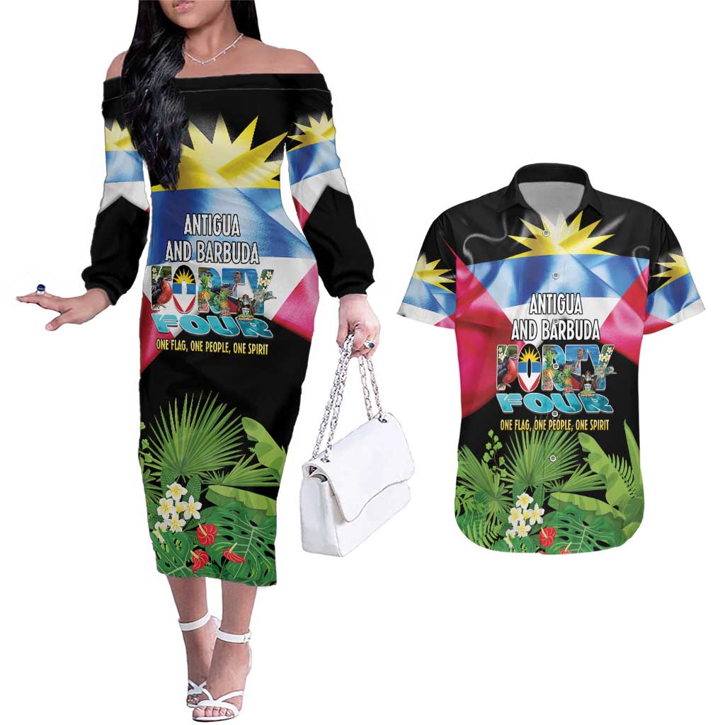 Antigua and Barbuda Independence Day Couples Matching Off The Shoulder Long Sleeve Dress and Hawaiian Shirt 44th Anniversary One Flag One People One Spirit - Wonder Print Shop