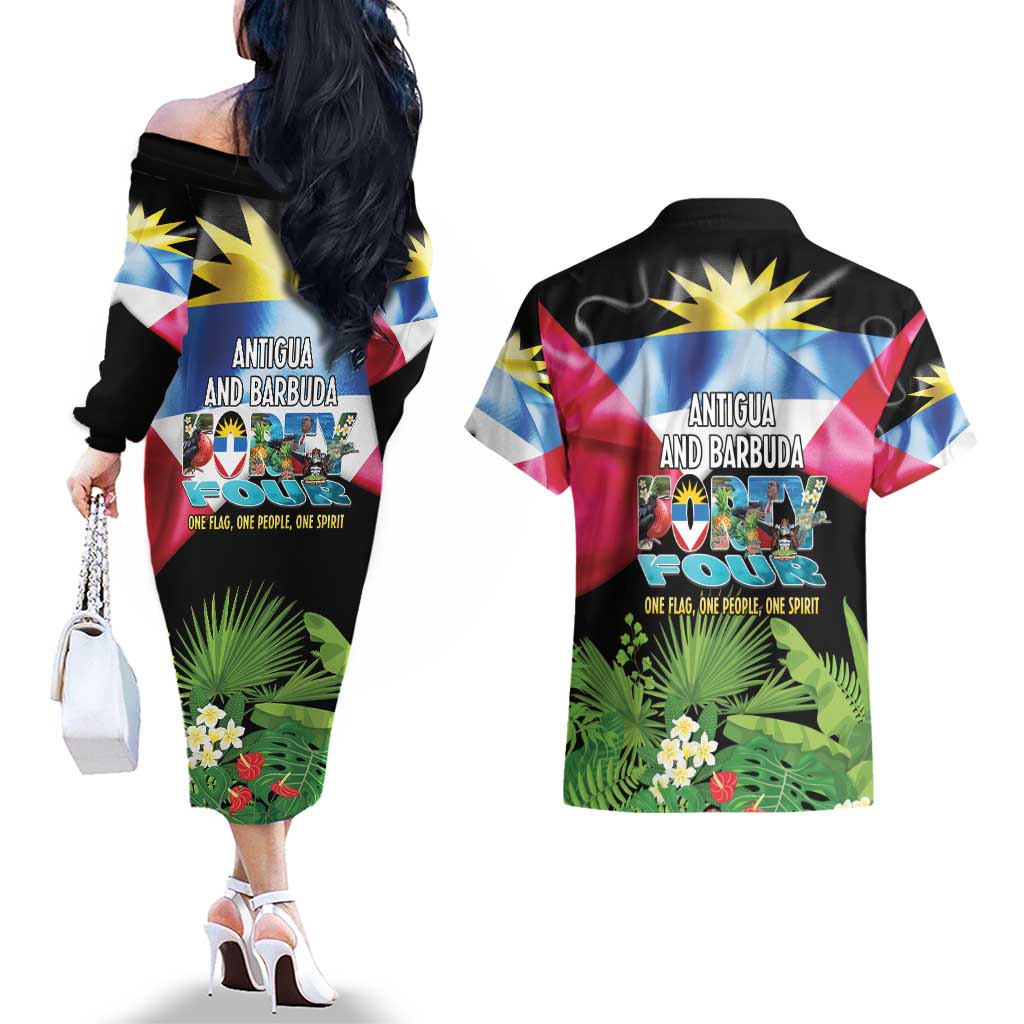 Antigua and Barbuda Independence Day Couples Matching Off The Shoulder Long Sleeve Dress and Hawaiian Shirt 44th Anniversary One Flag One People One Spirit - Wonder Print Shop