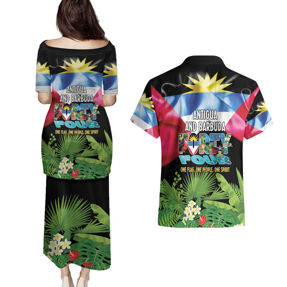 Antigua and Barbuda Independence Day Couples Matching Puletasi and Hawaiian Shirt 44th Anniversary One Flag One People One Spirit - Wonder Print Shop