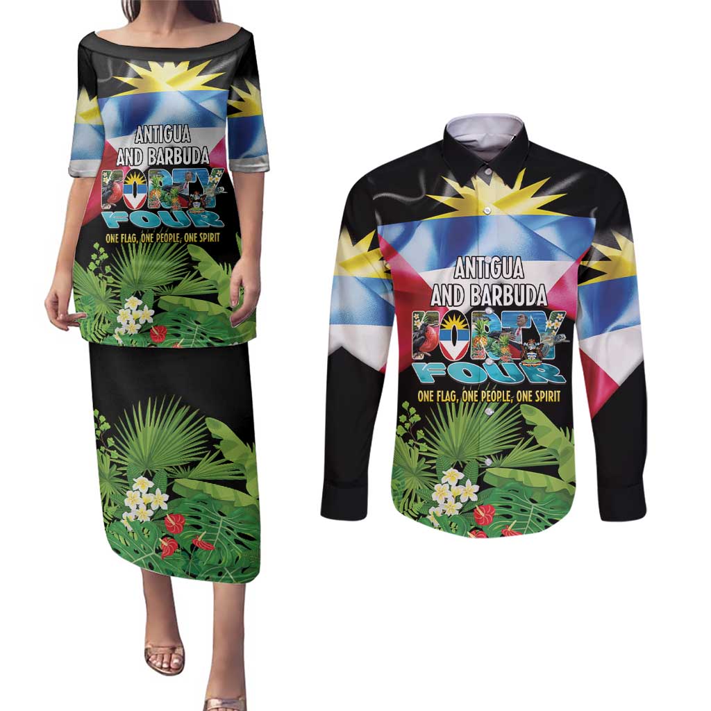 Antigua and Barbuda Independence Day Couples Matching Puletasi and Long Sleeve Button Shirt 44th Anniversary One Flag One People One Spirit - Wonder Print Shop