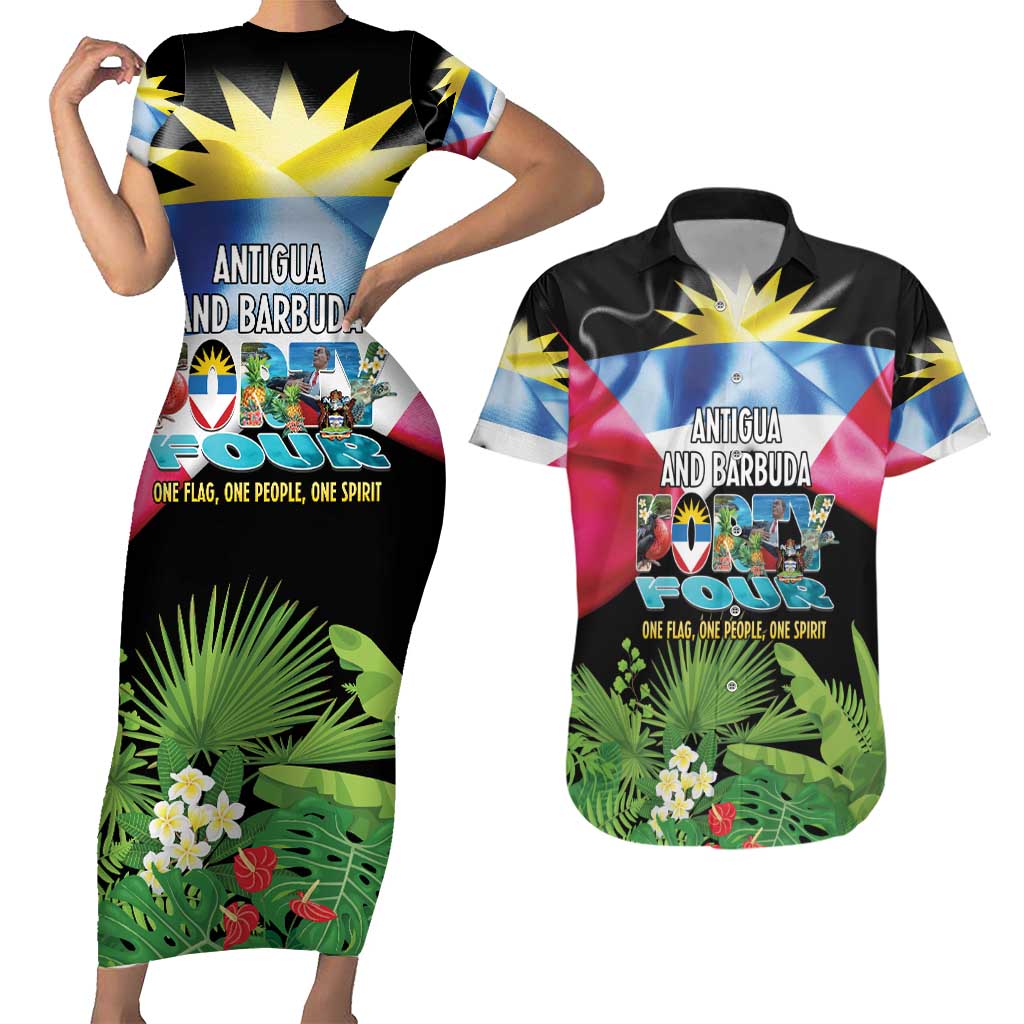Antigua and Barbuda Independence Day Couples Matching Short Sleeve Bodycon Dress and Hawaiian Shirt 44th Anniversary One Flag One People One Spirit - Wonder Print Shop