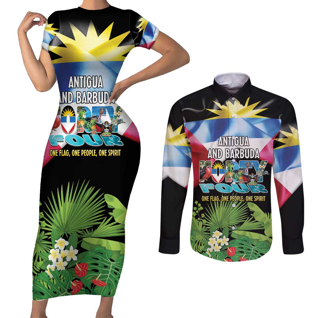 Antigua and Barbuda Independence Day Couples Matching Short Sleeve Bodycon Dress and Long Sleeve Button Shirt 44th Anniversary One Flag One People One Spirit - Wonder Print Shop