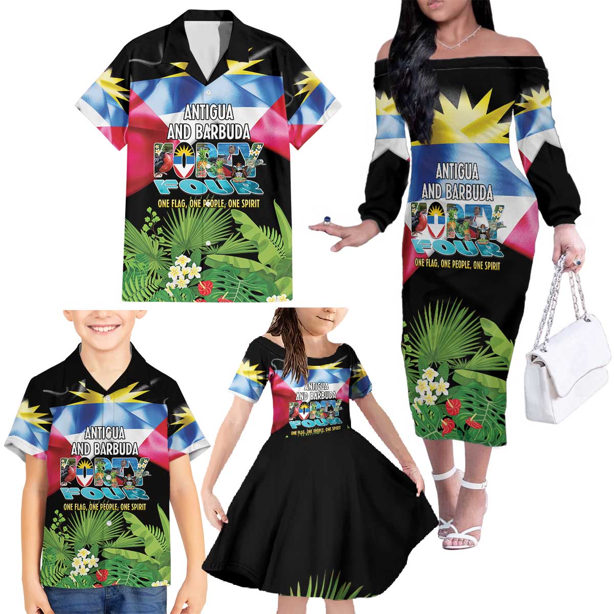 Antigua and Barbuda Independence Day Family Matching Off The Shoulder Long Sleeve Dress and Hawaiian Shirt 44th Anniversary One Flag One People One Spirit - Wonder Print Shop