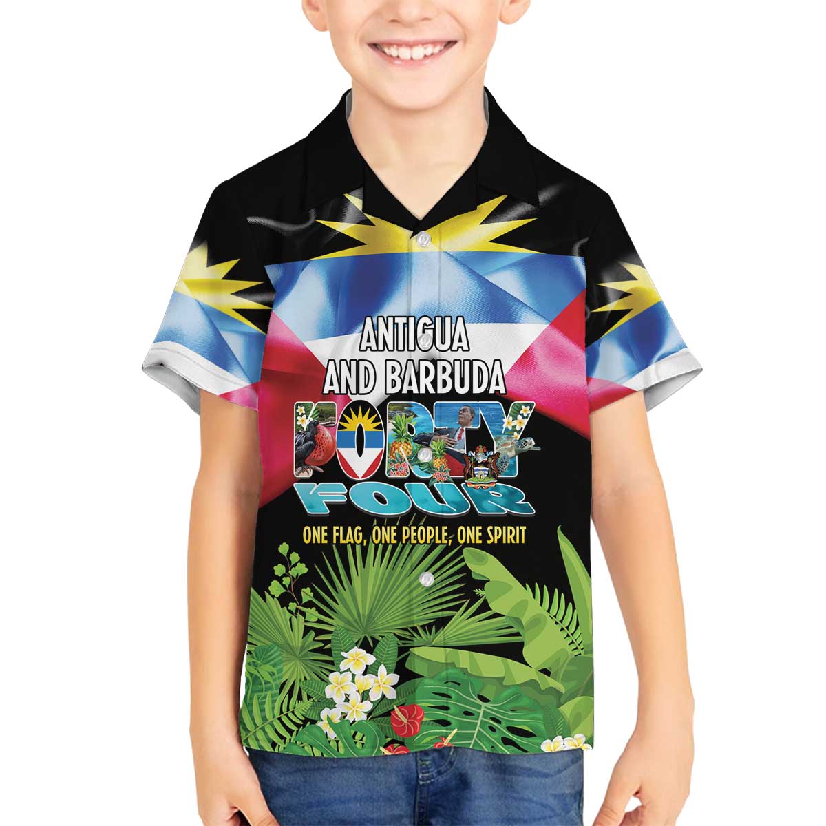 Antigua and Barbuda Independence Day Family Matching Off The Shoulder Long Sleeve Dress and Hawaiian Shirt 44th Anniversary One Flag One People One Spirit - Wonder Print Shop