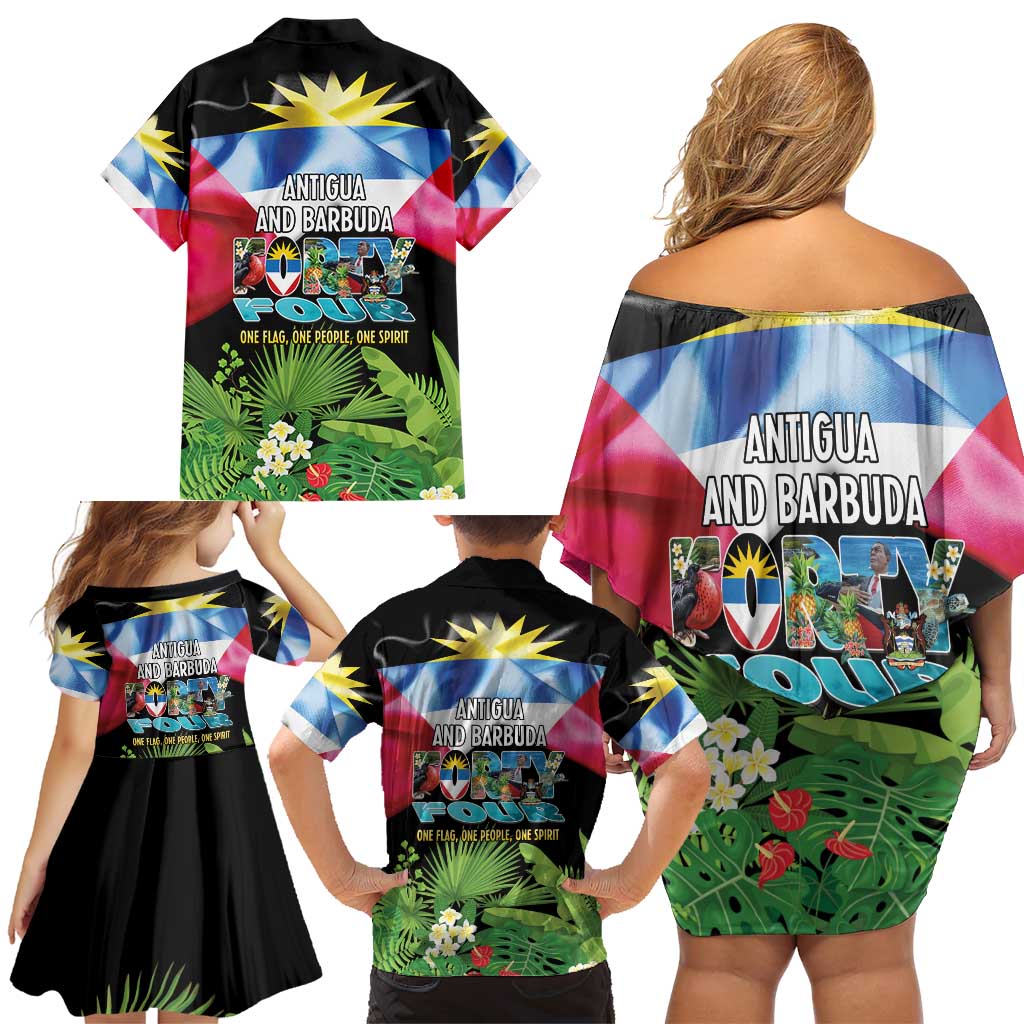 Antigua and Barbuda Independence Day Family Matching Off Shoulder Short Dress and Hawaiian Shirt 44th Anniversary One Flag One People One Spirit - Wonder Print Shop