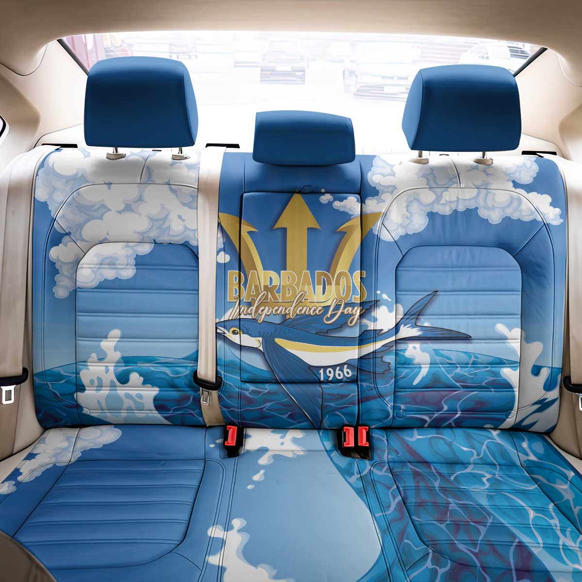 Barbados Independence Day Back Car Seat Cover Gold Trident and Flying Fish - Wonder Print Shop