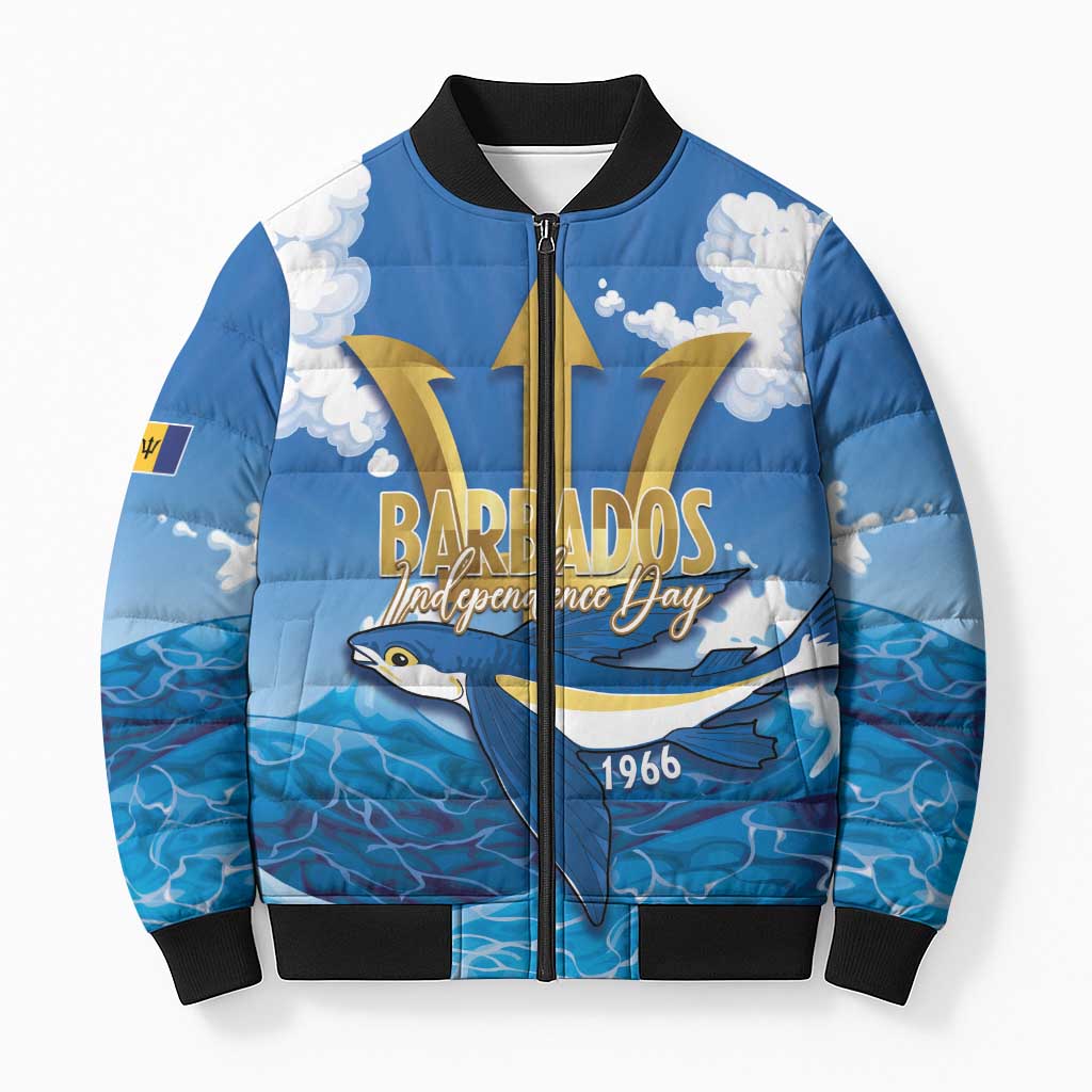 Barbados Independence Day Bomber Puffer Jacket Gold Trident and Flying Fish - Wonder Print Shop