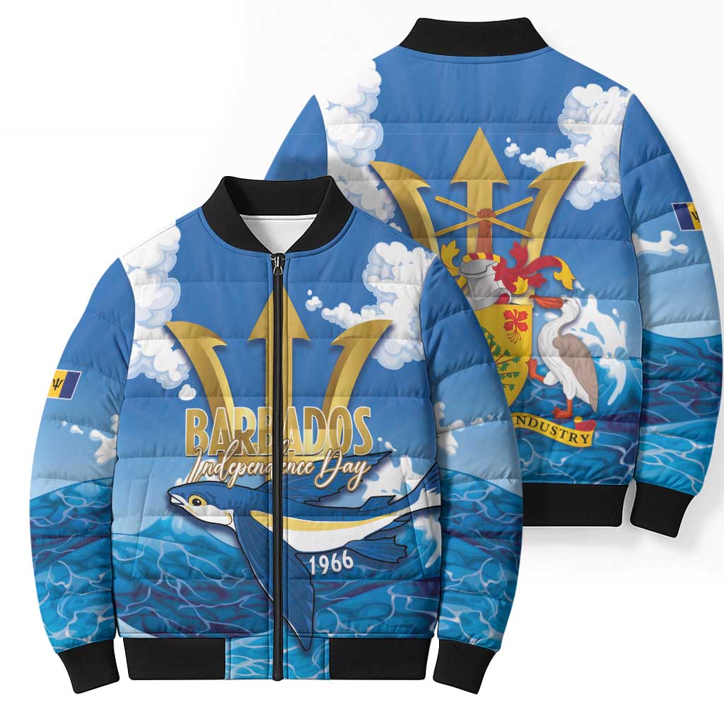 Barbados Independence Day Bomber Puffer Jacket Gold Trident and Flying Fish - Wonder Print Shop