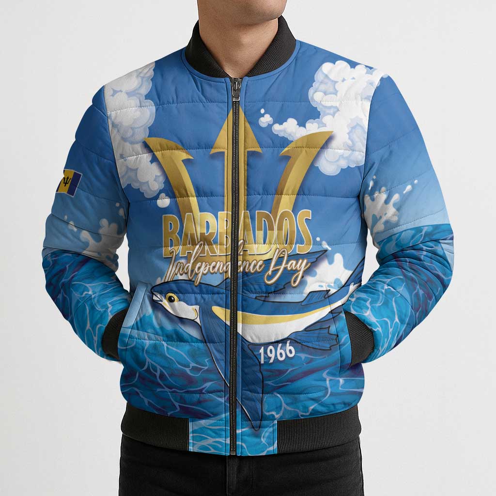 Barbados Independence Day Bomber Puffer Jacket Gold Trident and Flying Fish - Wonder Print Shop