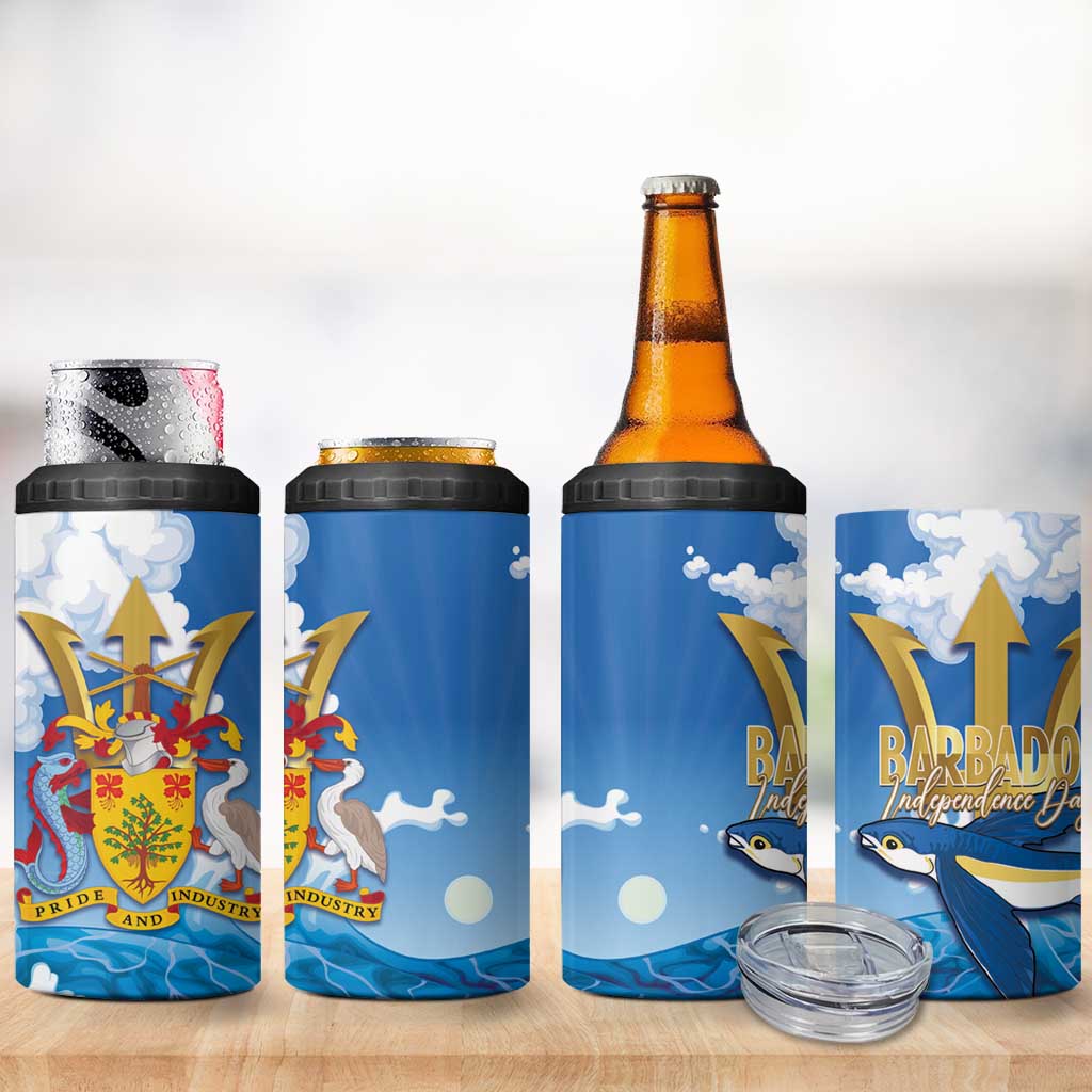 Barbados Independence Day 4 in 1 Can Cooler Tumbler Gold Trident and Flying Fish - Wonder Print Shop