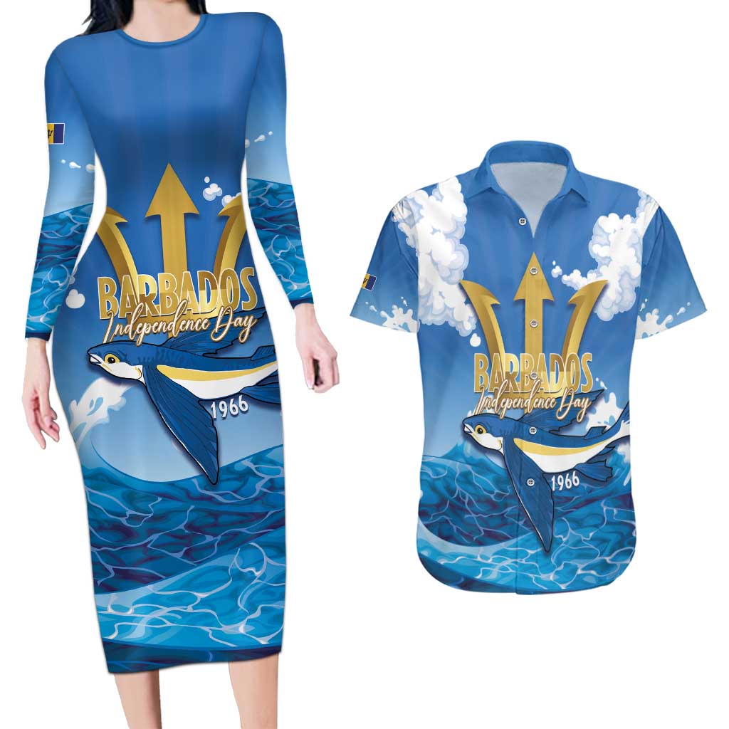 Barbados Independence Day Couples Matching Long Sleeve Bodycon Dress and Hawaiian Shirt Gold Trident and Flying Fish - Wonder Print Shop