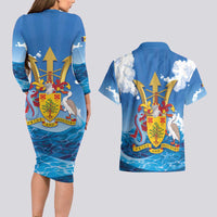 Barbados Independence Day Couples Matching Long Sleeve Bodycon Dress and Hawaiian Shirt Gold Trident and Flying Fish - Wonder Print Shop