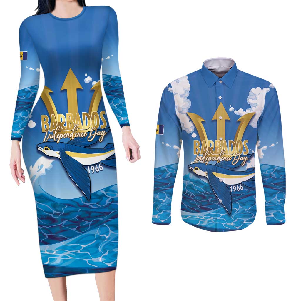 Barbados Independence Day Couples Matching Long Sleeve Bodycon Dress and Long Sleeve Button Shirt Gold Trident and Flying Fish - Wonder Print Shop