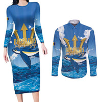 Barbados Independence Day Couples Matching Long Sleeve Bodycon Dress and Long Sleeve Button Shirt Gold Trident and Flying Fish - Wonder Print Shop