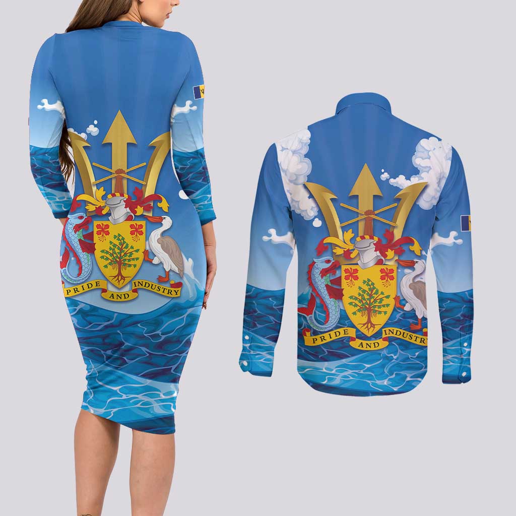 Barbados Independence Day Couples Matching Long Sleeve Bodycon Dress and Long Sleeve Button Shirt Gold Trident and Flying Fish - Wonder Print Shop