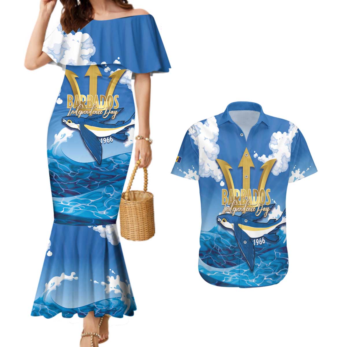 Barbados Independence Day Couples Matching Mermaid Dress and Hawaiian Shirt Gold Trident and Flying Fish - Wonder Print Shop
