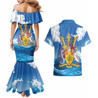 Barbados Independence Day Couples Matching Mermaid Dress and Hawaiian Shirt Gold Trident and Flying Fish - Wonder Print Shop