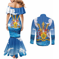 Barbados Independence Day Couples Matching Mermaid Dress and Long Sleeve Button Shirt Gold Trident and Flying Fish - Wonder Print Shop