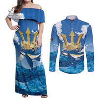 Barbados Independence Day Couples Matching Off Shoulder Maxi Dress and Long Sleeve Button Shirt Gold Trident and Flying Fish - Wonder Print Shop