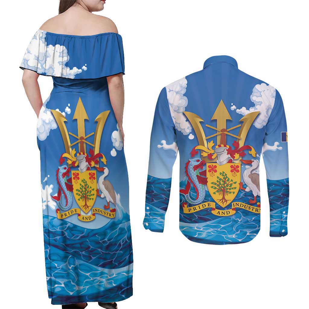 Barbados Independence Day Couples Matching Off Shoulder Maxi Dress and Long Sleeve Button Shirt Gold Trident and Flying Fish - Wonder Print Shop