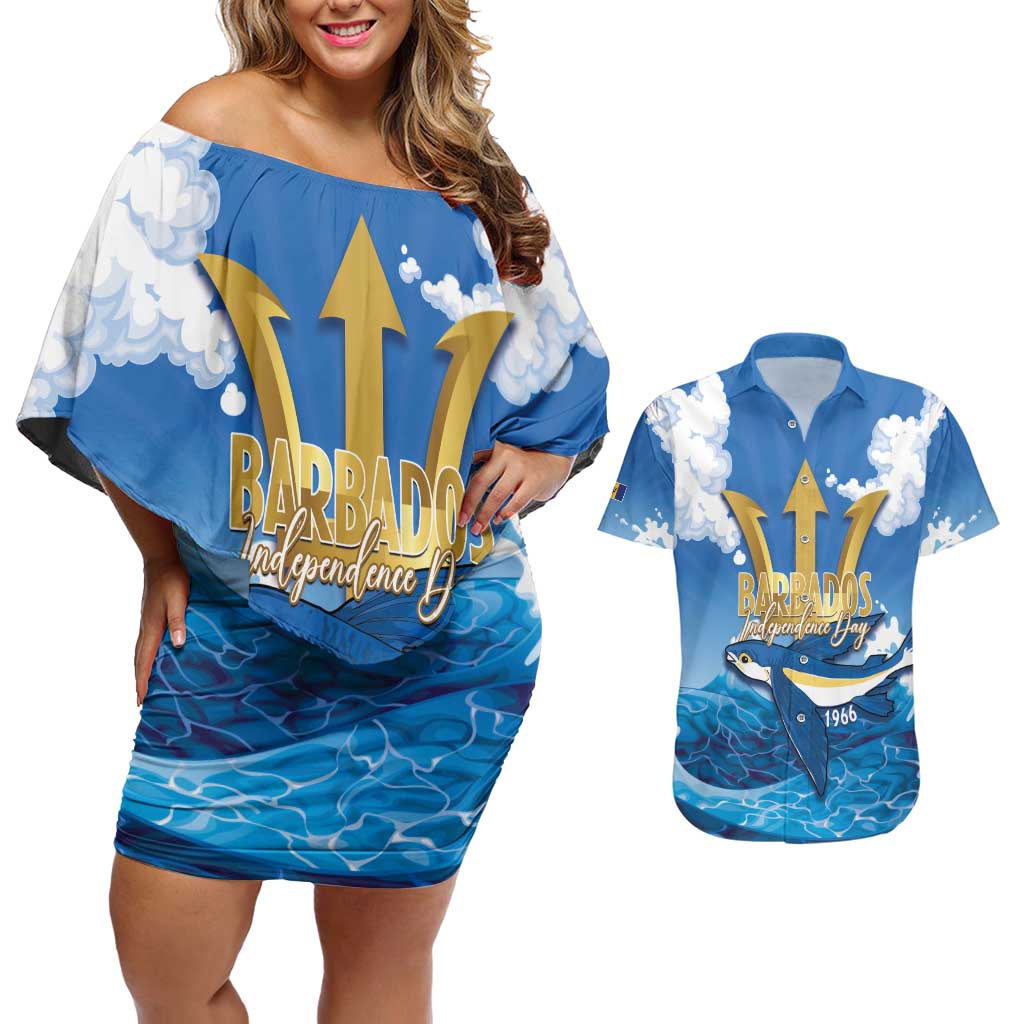 Barbados Independence Day Couples Matching Off Shoulder Short Dress and Hawaiian Shirt Gold Trident and Flying Fish - Wonder Print Shop