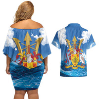 Barbados Independence Day Couples Matching Off Shoulder Short Dress and Hawaiian Shirt Gold Trident and Flying Fish - Wonder Print Shop