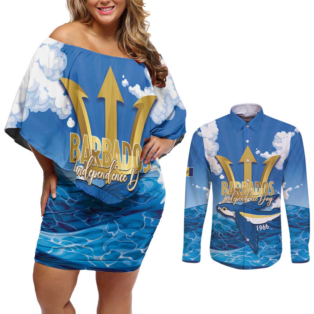 Barbados Independence Day Couples Matching Off Shoulder Short Dress and Long Sleeve Button Shirt Gold Trident and Flying Fish - Wonder Print Shop