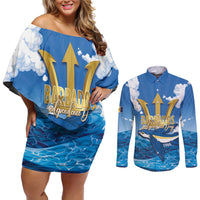 Barbados Independence Day Couples Matching Off Shoulder Short Dress and Long Sleeve Button Shirt Gold Trident and Flying Fish - Wonder Print Shop
