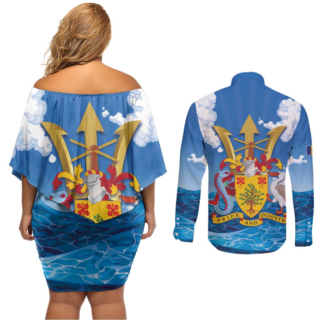 Barbados Independence Day Couples Matching Off Shoulder Short Dress and Long Sleeve Button Shirt Gold Trident and Flying Fish - Wonder Print Shop