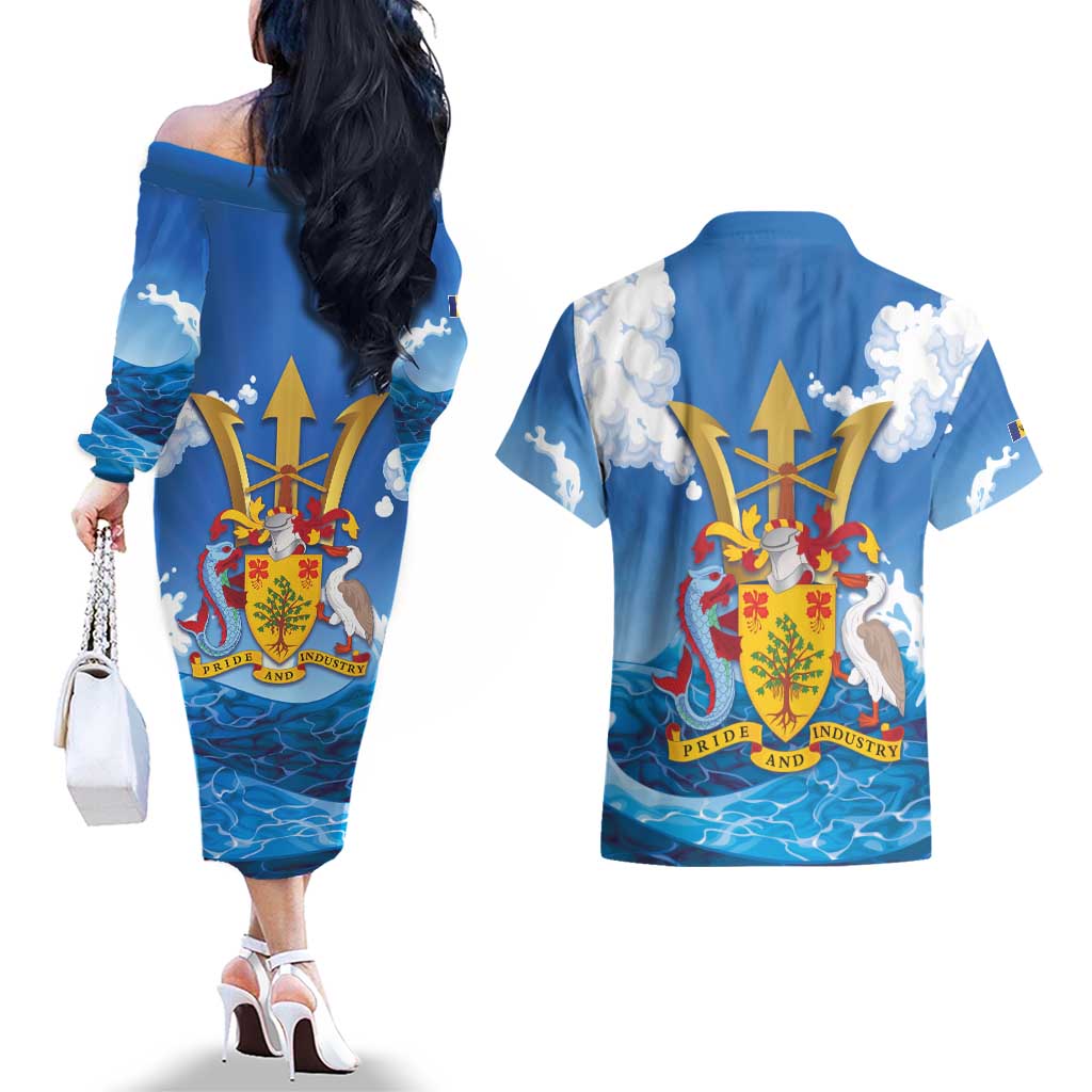 Barbados Independence Day Couples Matching Off The Shoulder Long Sleeve Dress and Hawaiian Shirt Gold Trident and Flying Fish - Wonder Print Shop