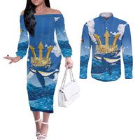 Barbados Independence Day Couples Matching Off The Shoulder Long Sleeve Dress and Long Sleeve Button Shirt Gold Trident and Flying Fish - Wonder Print Shop