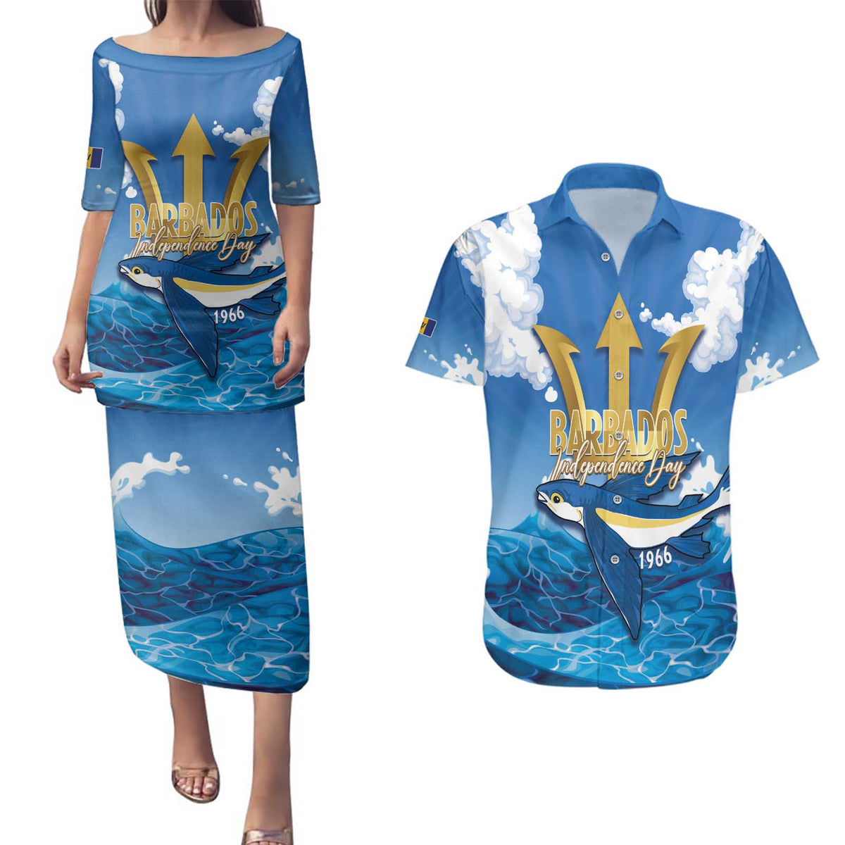 Barbados Independence Day Couples Matching Puletasi and Hawaiian Shirt Gold Trident and Flying Fish - Wonder Print Shop
